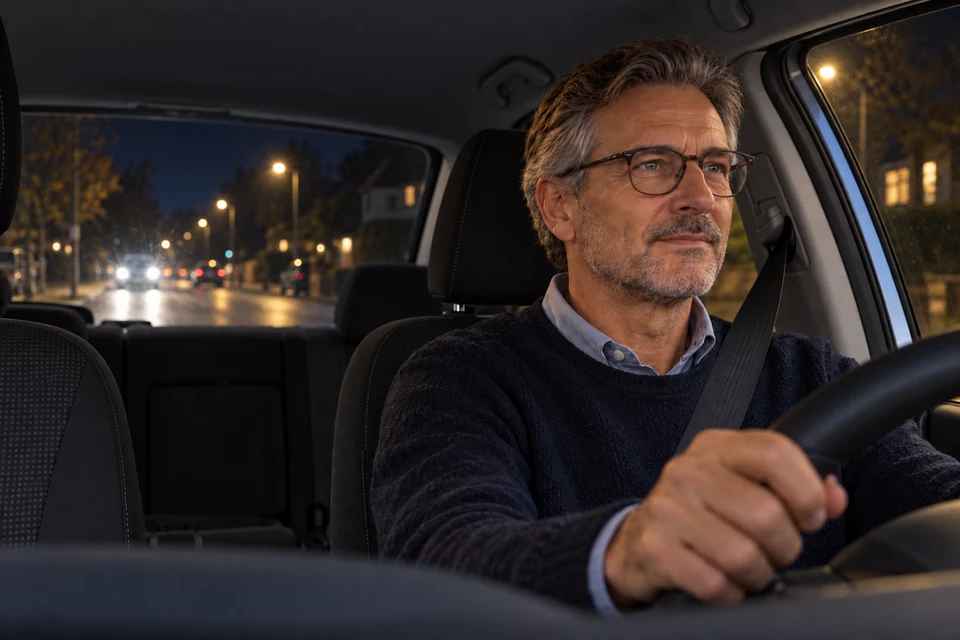 Brillenträger bei einer Nachtfahrt mit Scheinwerfern und Straßenbeleuchtung