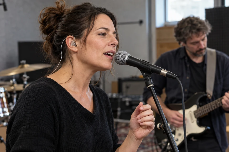 Sängerin mit kabelgebundenem In-Ear-Monitor beim Proben mit einer Band