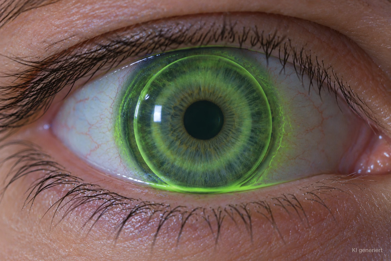 Illustrative Nahaufnahme einer Kontaktlinse am Auge: Grünes Licht macht den Tränenfilm bei der Linsenkontrolle sichtbar