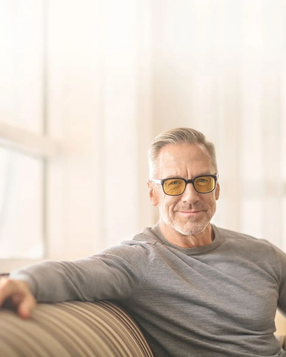 Mann mit einer SCHWEIZER AMD-Comfort-Brille