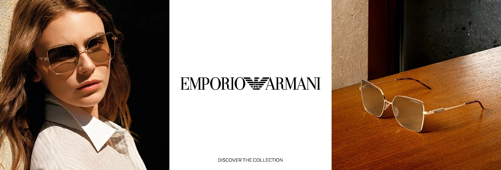 Emporio Armani: feine Metallsonnenbrille am Modell und als Produktaufnahme