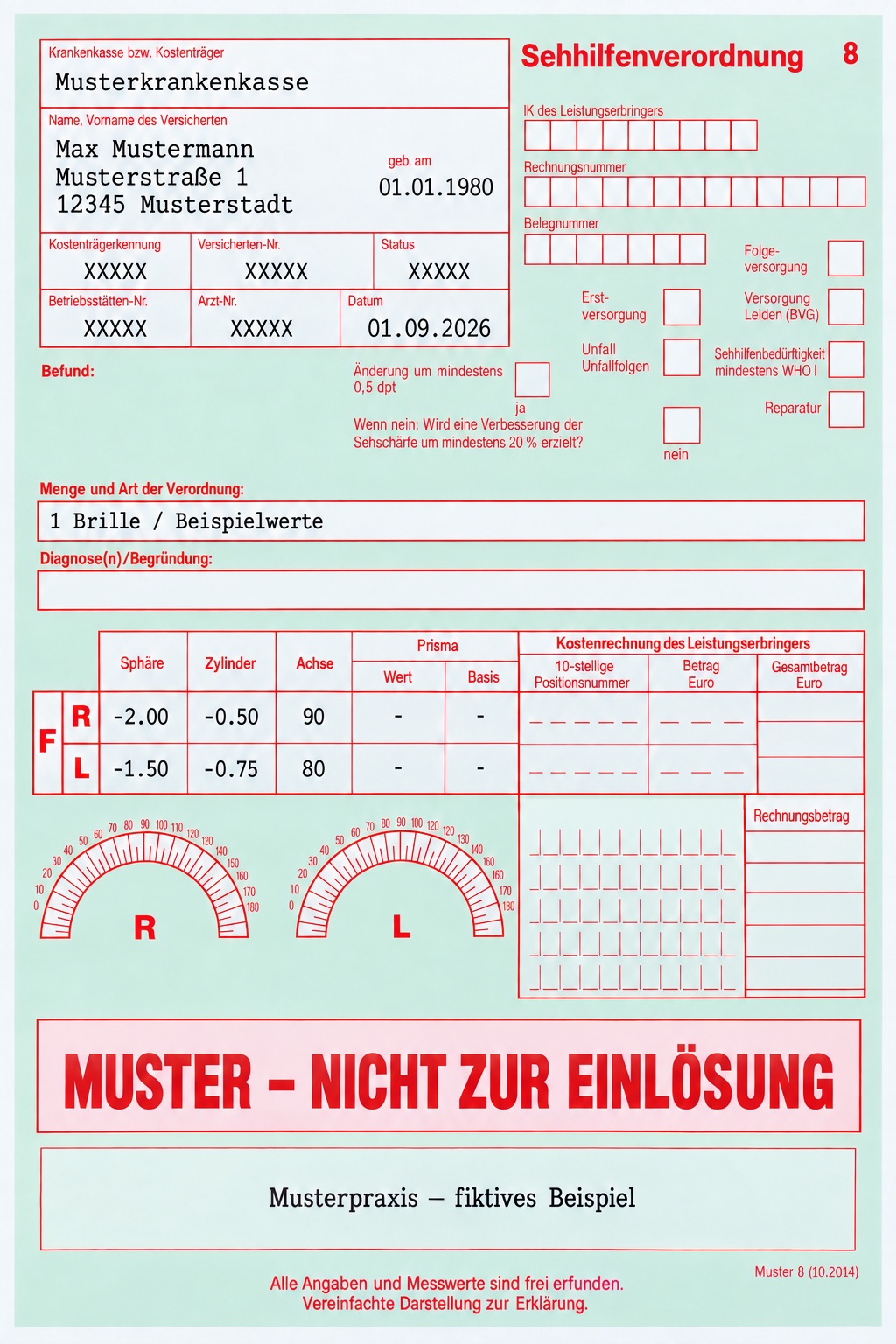 Fiktive Sehhilfenverordnung für Max Mustermann. Das Datum steht im oberen linken Block. Darunter zeigt die Tabelle die Werte für das rechte und linke Auge. Deutlich als Muster, nicht zur Einlösung gekennzeichnet.