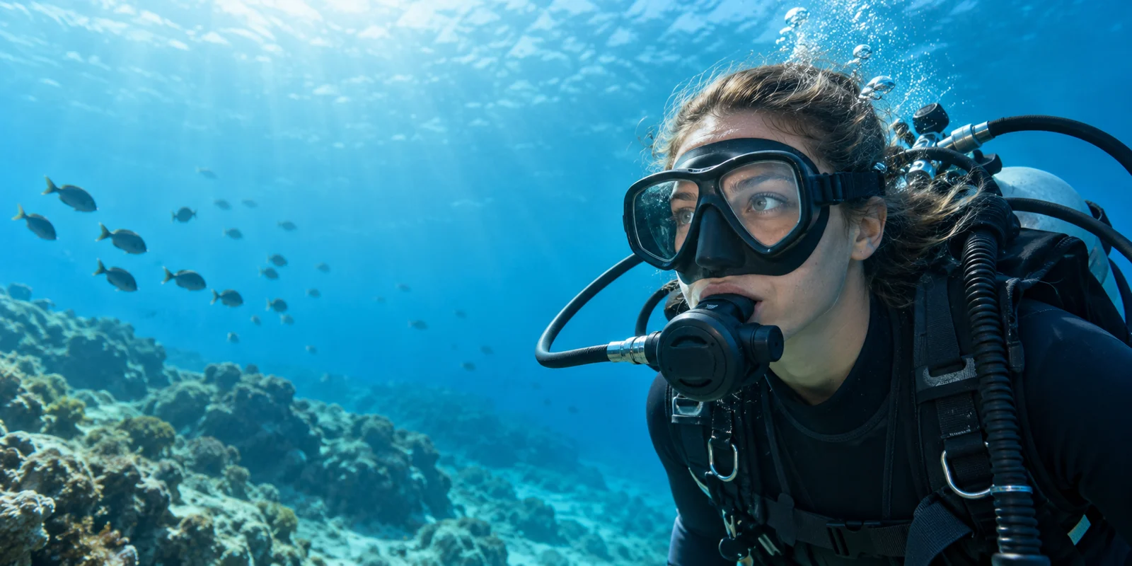 Illustrative Unterwasserszene: Taucher mit einer Zweiglas-Tauchmaske in blauem Wasser